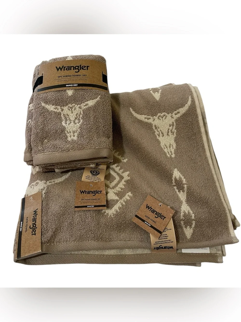 Wrangler Western Steer Skull Design 2 Bath Towels & a Set of Hand Towels - NWT *